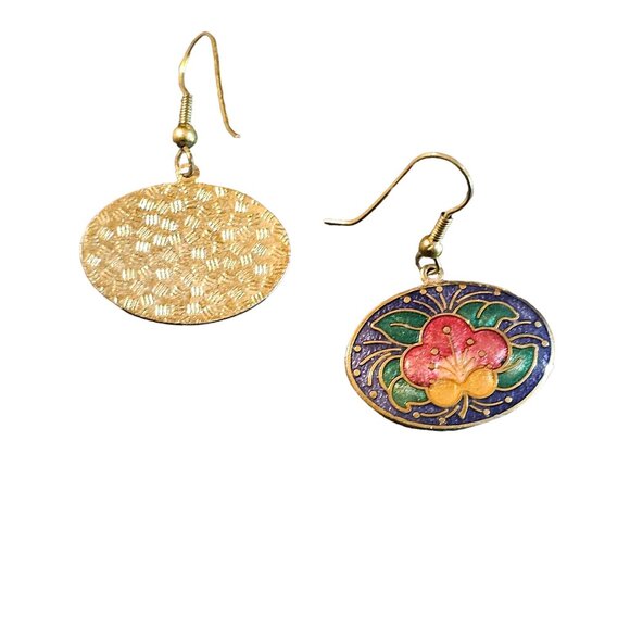 Vintage Oval Cloisonne Pink Merigold Floral Earrings - Picture 2 of 6